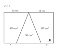 در مستطیل رسم شده مقدار مجهول را از راه هندسی و با داشتن مساحت مثلث‌ها بیابید.