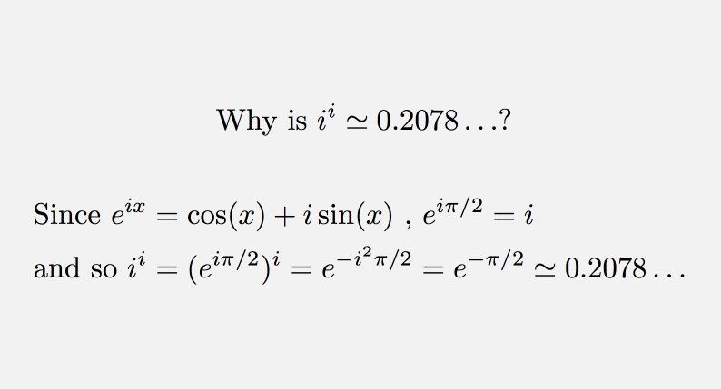 اگر i عدد موهومی و برابر با ریشه دوم منهای یک باشد آنگاه iⁱ ≃ 0.2078 عددی حقیقی است