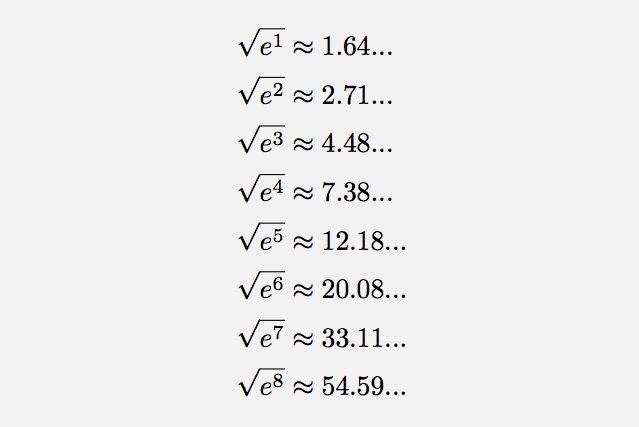 برای اعداد صحیح مثبت eⁿ√ را محاسبه و سپس گرد کنید. نتیجه برای ۸ عدد اول دنباله برابر اعداد فیبوناتچی ۱، ۲، ۳، ۵، ۸، ... است. 